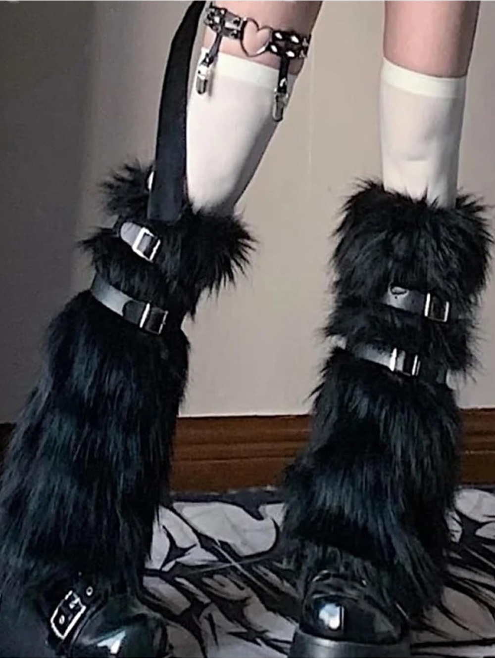 Black Faux Fur Buckle Fuzzies Leg Warmer pair - Y2K Gothic Halloween Rave